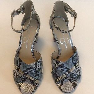 Jessica Simpson ankle strap open toe heels snake.